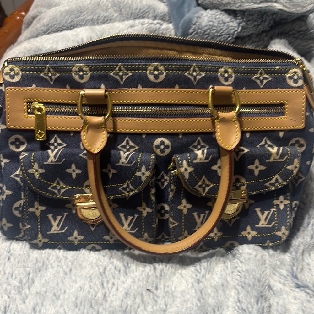 Louis Vuitton Blue and Tan Satchel with Gold Hardware